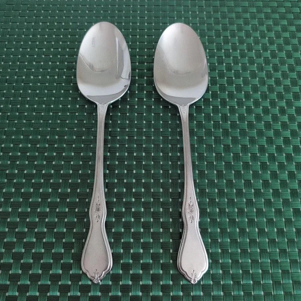 Oneida MORNING BLOSSOM Solid Serving Spoons Set Lot of 2 Stainless Burnished Vtg